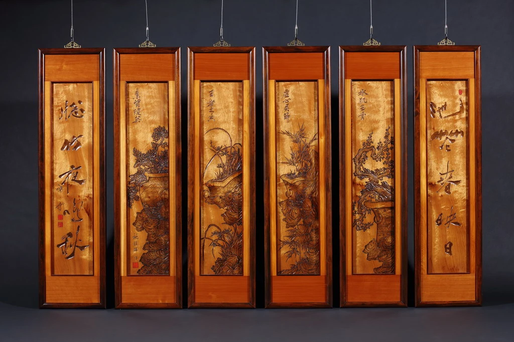 'Peace and Safety' Four Seasons Wood Engraving ( Six Plagues: Four Gentlemen with Couplets)， 5 photos in total